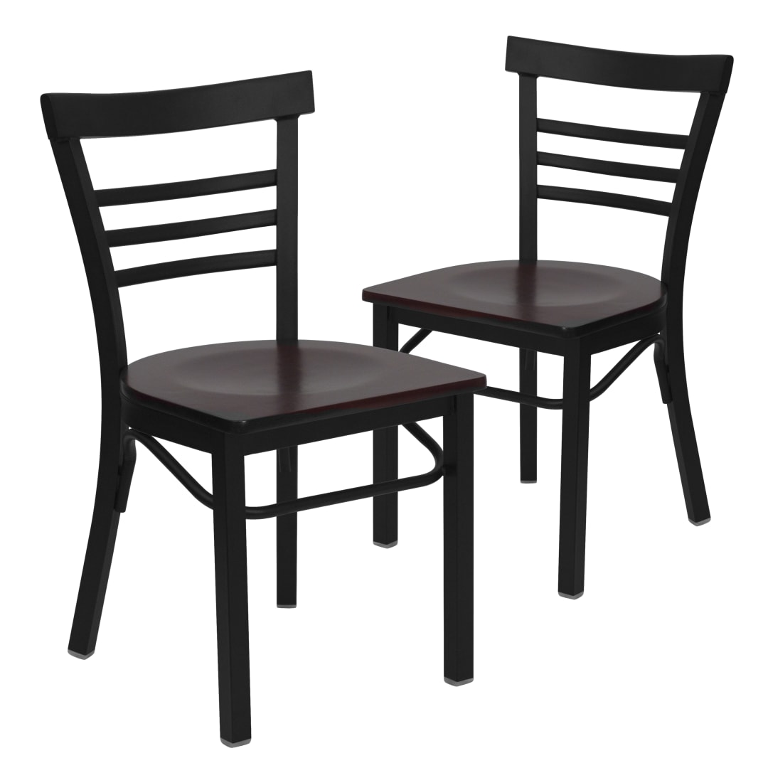 2 Pk. HERCULES Series Black Three-Slat Ladder Back Metal Restaurant Chair - Mahogany Wood Seat