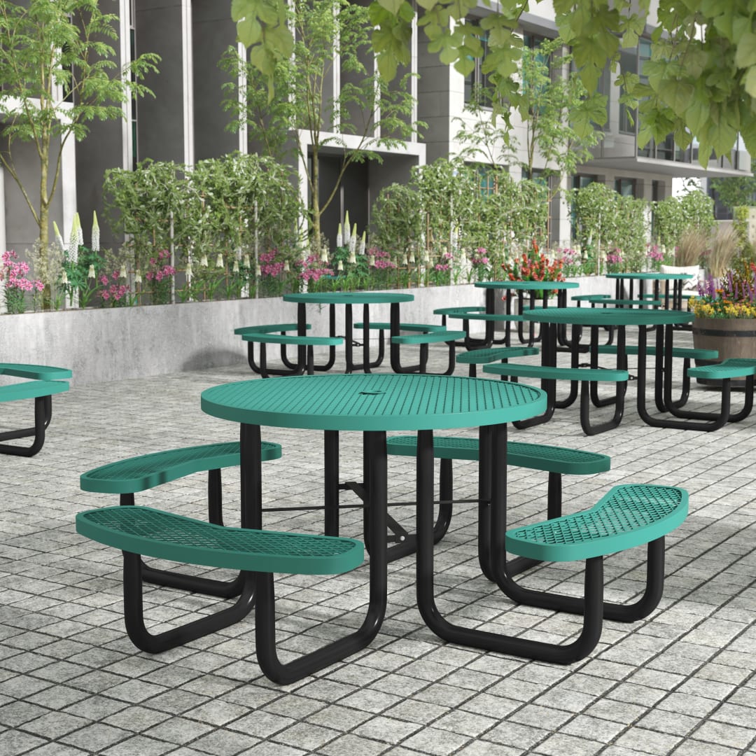 Creekside 46" Round Outdoor Picnic Table with Commercial Grade Heavy Gauge Green Expanded Metal Mesh Top and Seats and Black Steel Frame