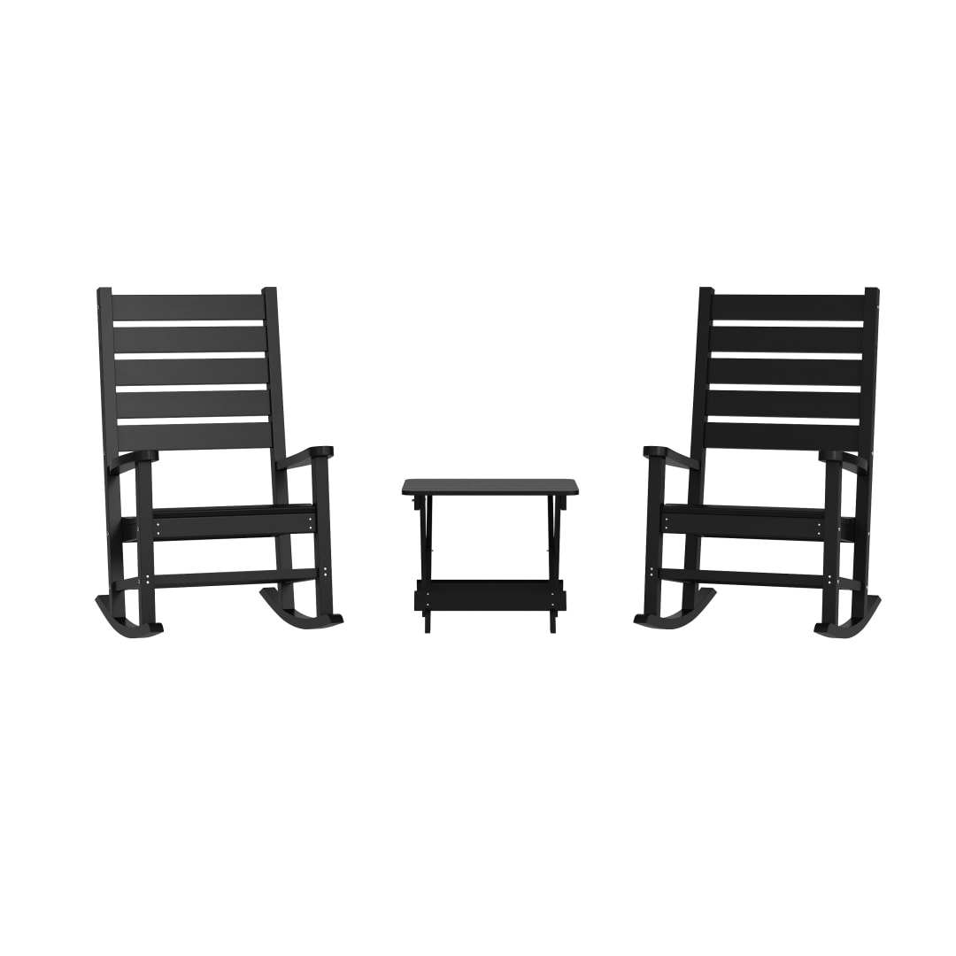 Manchester Commercial Grade 3-Piece Indoor/Outdoor Set with 2 Contemporary All-Weather HDPE Rocking Chairs and End Table in Black