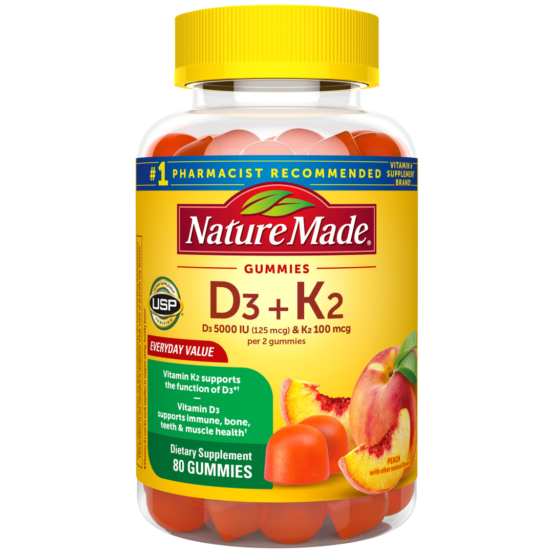 Nature Made Vitamin D3 K2 Gummies, Vitamin D 5000 IU per Serving, Peach Flavor, 80 Count