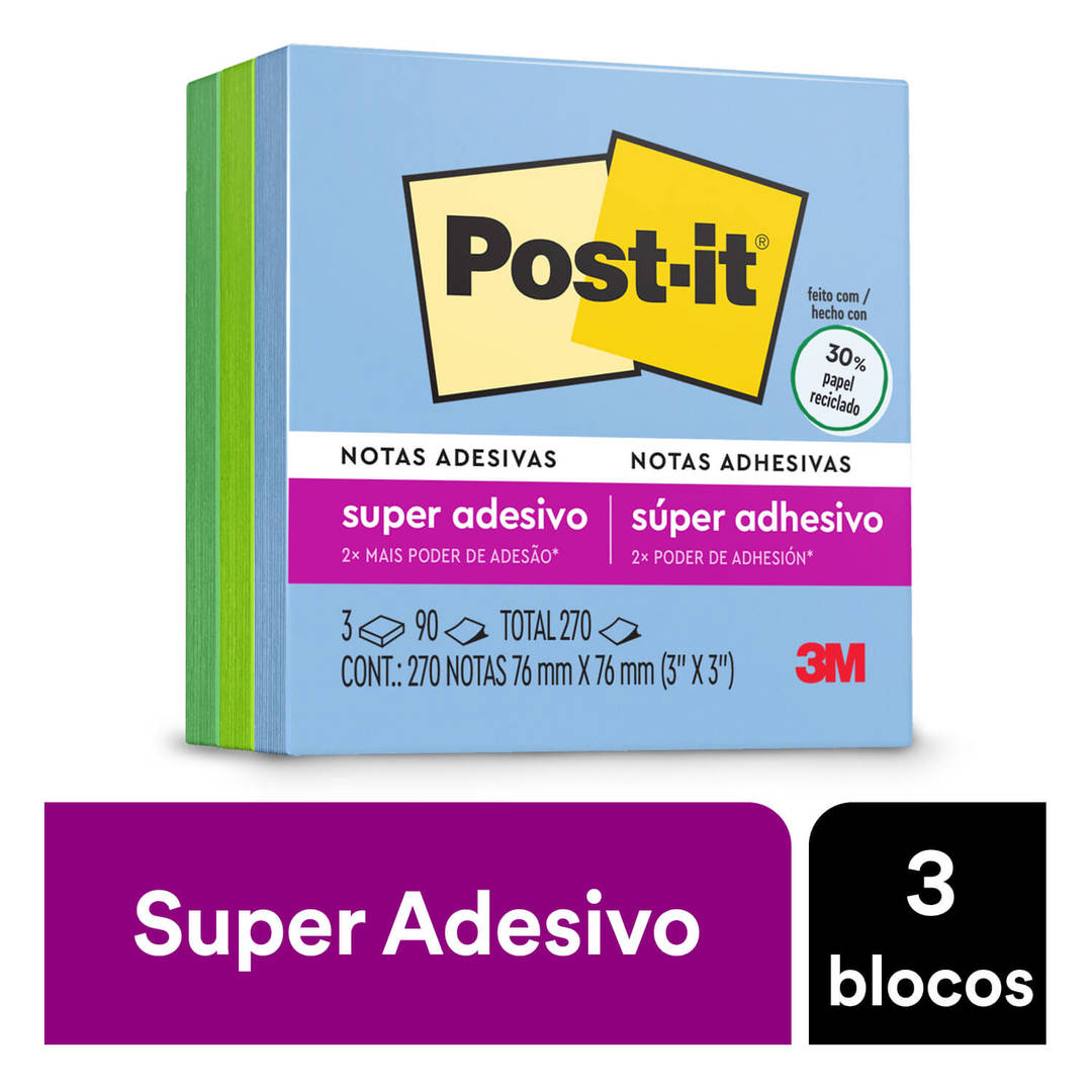 Bloco de Notas Super Adesivas Post-it®, Coleção Oasis, 76 mm x 76 mm, 3 Blocos
