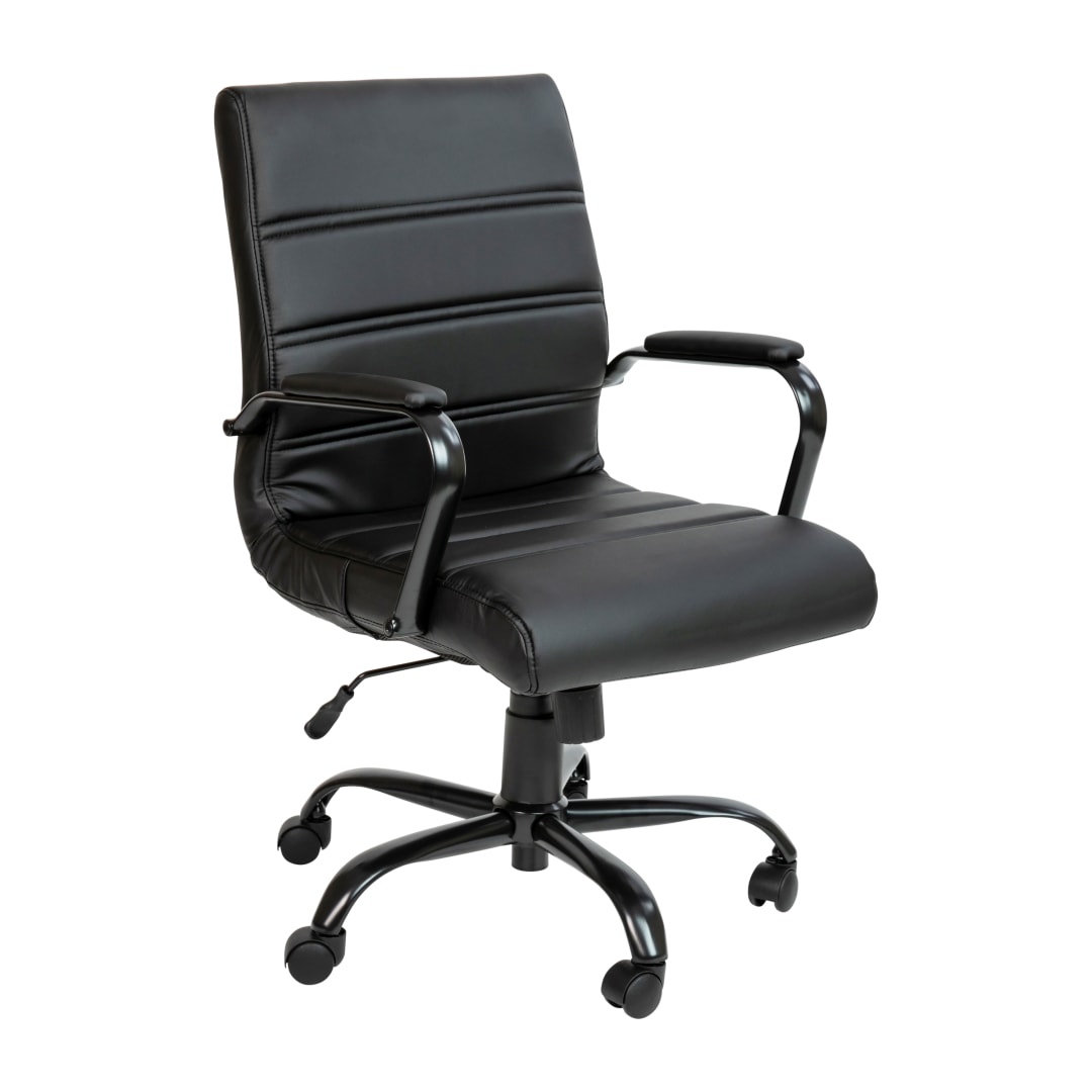 Whitney Mid-Back Black LeatherSoft Executive Swivel Office Chair with Black Frame and Arms