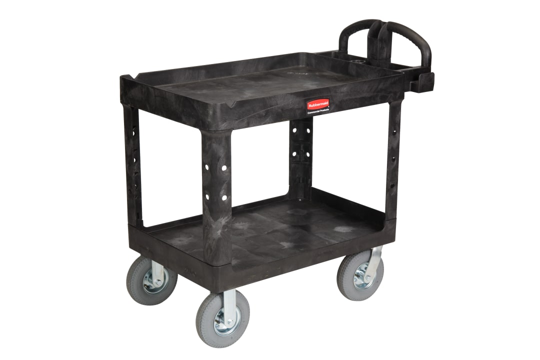 BRUTE Heavy Duty Ergo Handle Utility Cart with Pneumatic Casters, Lipped Shelf, Medium, Black