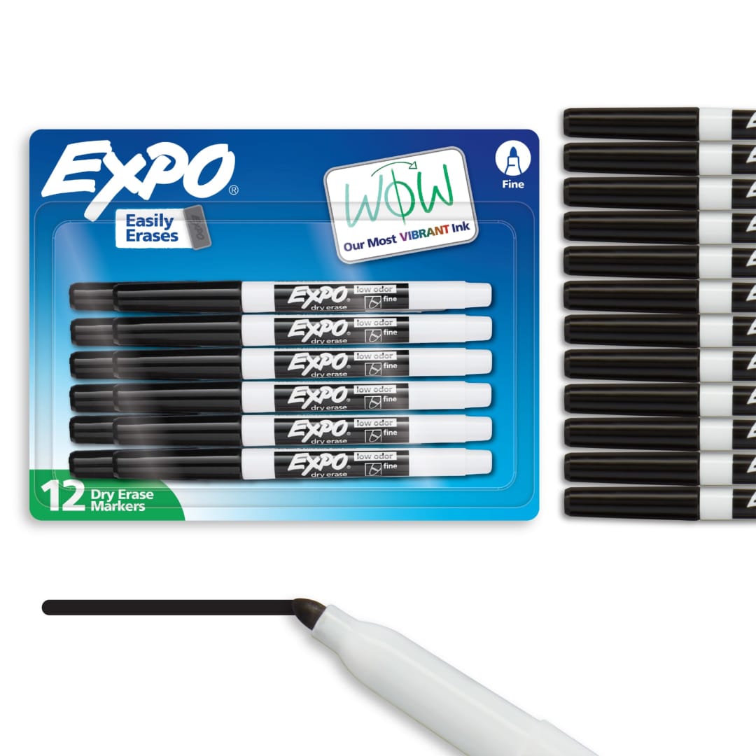EXPO Dry Erase Markers, Low Odor Ink, Black, Fine Tip, 12 Count