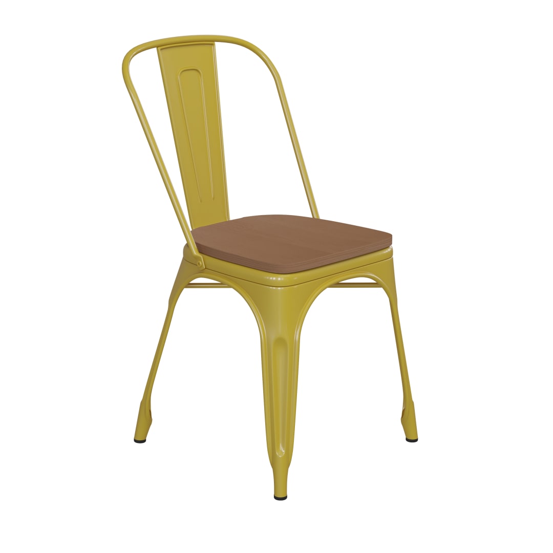 Perry Commercial Grade Yellow Metal Indoor-Outdoor Stackable Chair with Teak Poly Resin Wood Seat