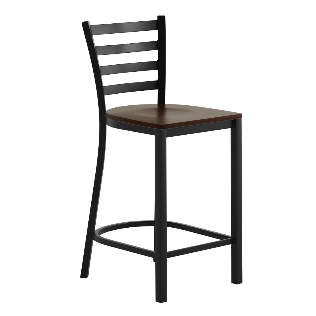 HERCULES Black Ladder Back Metal Restaurant Counter Stool - Mahogany Wood Seat