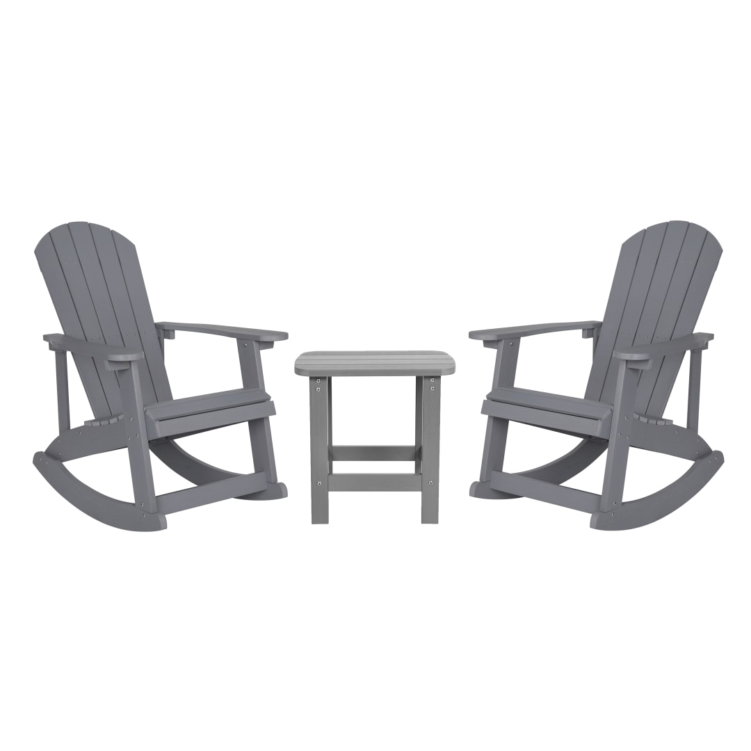 Set of 2 Savannah Commercial Grade All-Weather Poly Resin Wood Adirondack Rocking Chairs with Side Table in Gray