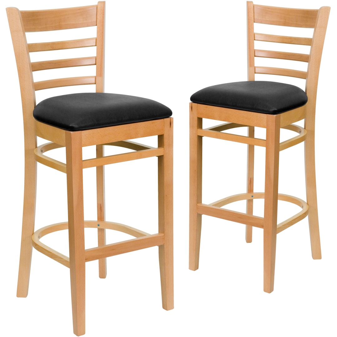 2 Pk. HERCULES Series Ladder Back Natural Wood Restaurant Barstool - Black Vinyl Seat