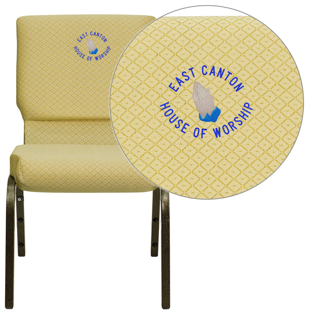 Embroidered HERCULES Series 18.5''W Stacking Church Chair in Beige Patterned Fabric - Gold Vein Frame