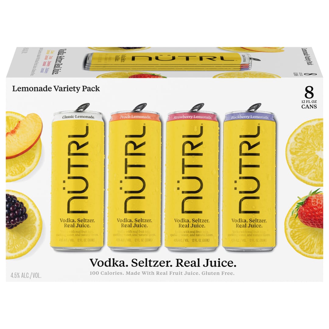 Nutrl Vodka Seltzer Lemonade FOUR FLAVOR Variety Pack 8x12 oz Can Sleek Pack CARRIER - Top Handle Spot UV - Lemonade, Strawberry Lemonade, Blackberry Lemonade and Peach Lemonade - SL Coating