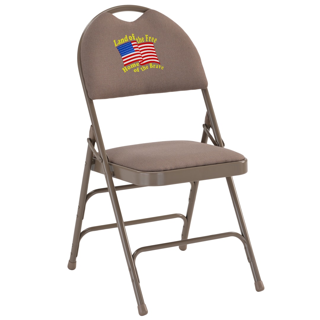 Embroidered HERCULES Series Ultra-Premium Triple Braced Beige Vinyl Metal Folding Chair with Easy-Carry Handle