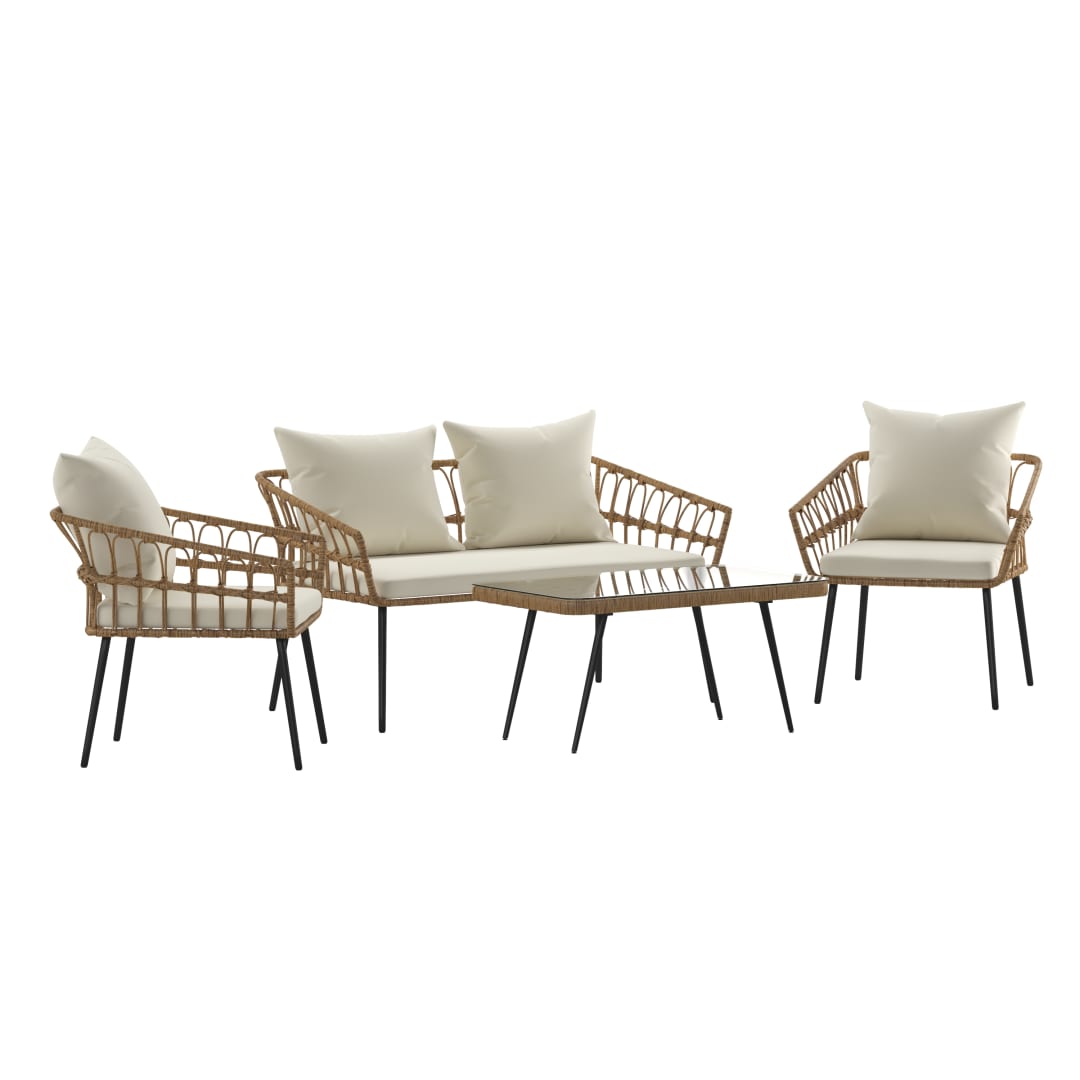 Evin Boho 4 Piece Indoor/Outdoor Rope Rattan Patio Conversation Set with Tempered Glass Top Coffee Table and Cream Cushions, Natural