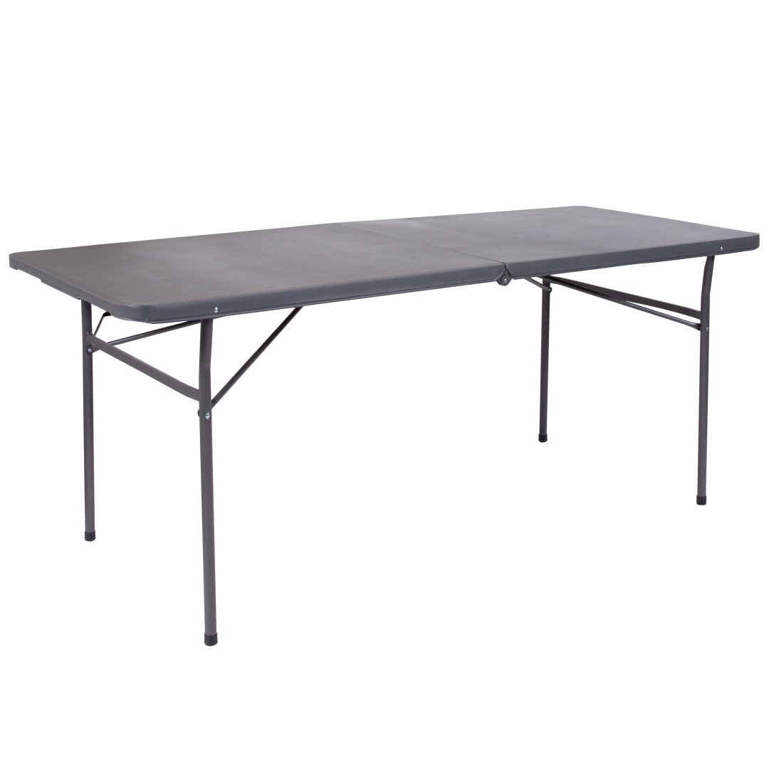 Elijah 6-Foot Bi-Fold Dark Gray Plastic Folding Table with Carrying Handle