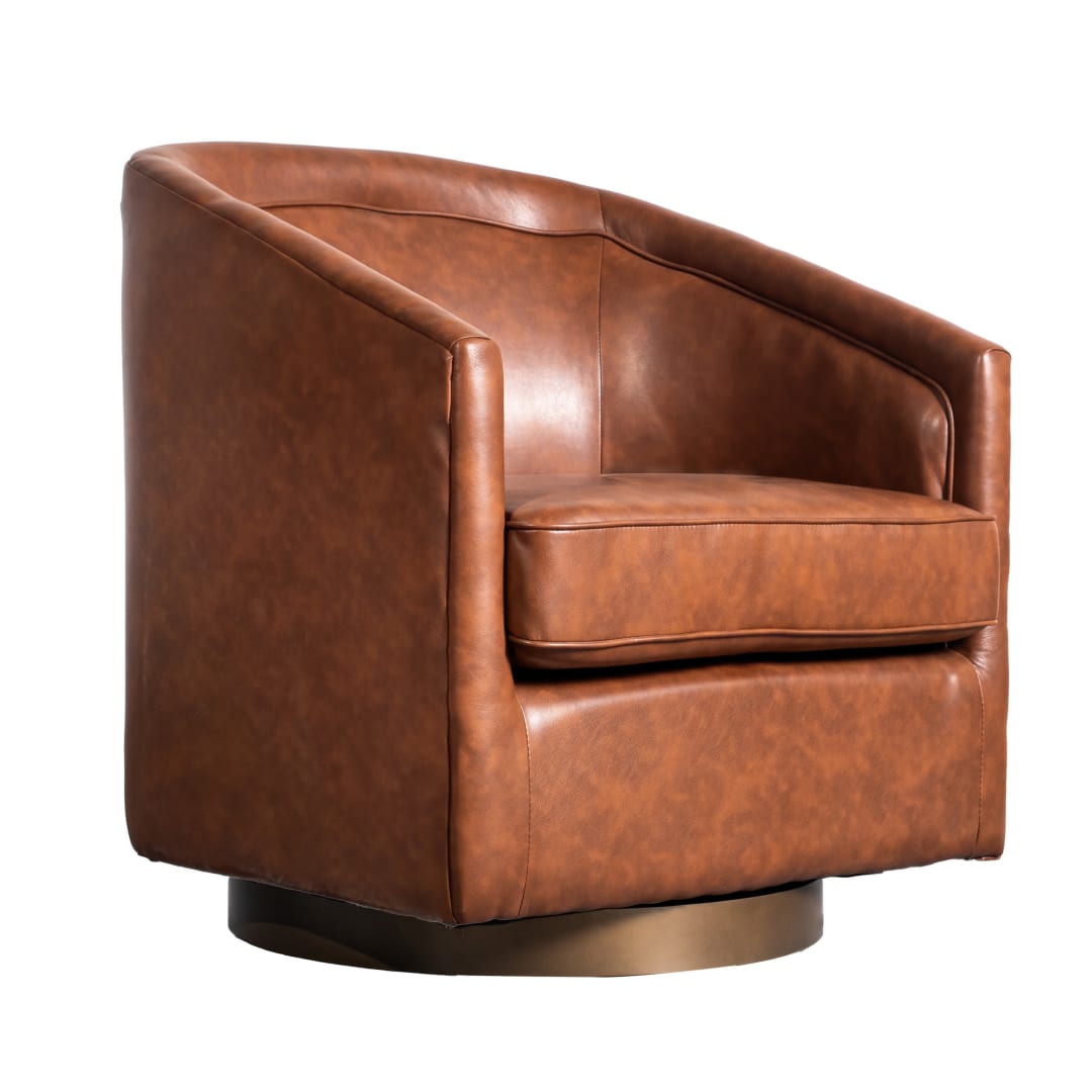 Dean Club Style Commercial Barrel Accent Armchair with 360 Degree Swivel Metal Base and Sloped Armrests in Brown LeatherSoft Upholstery