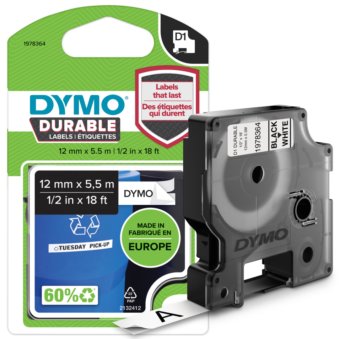 DYMO® D1 Durable Labeling Tape for LabelManager Label Makers, Black Print on White Tape, 1/2" W x 18' L, 1 Cartridge
