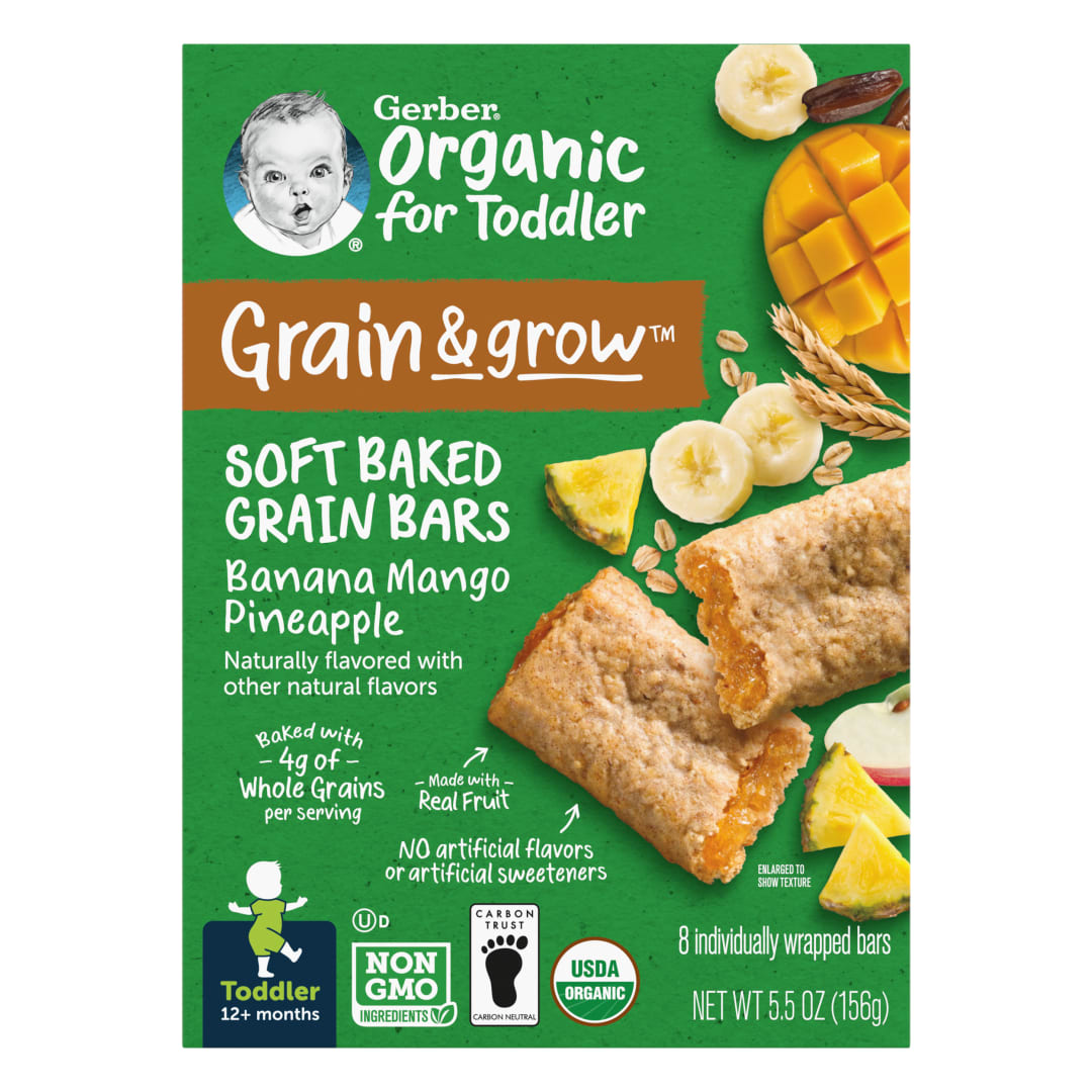 Gerber Grain and Grow Organic Banana Mango Pineapple Soft Baked Grain Bars 8 ct Box