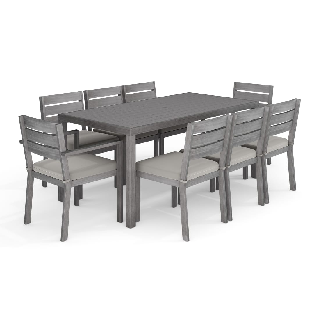 Bedford Indoor-Outdoor Patio Set with 71" Table and 8 Dining Chairs with Gray Brushed Woodgrain Aluminum Finish and Gray All-Weather Seat Cushions