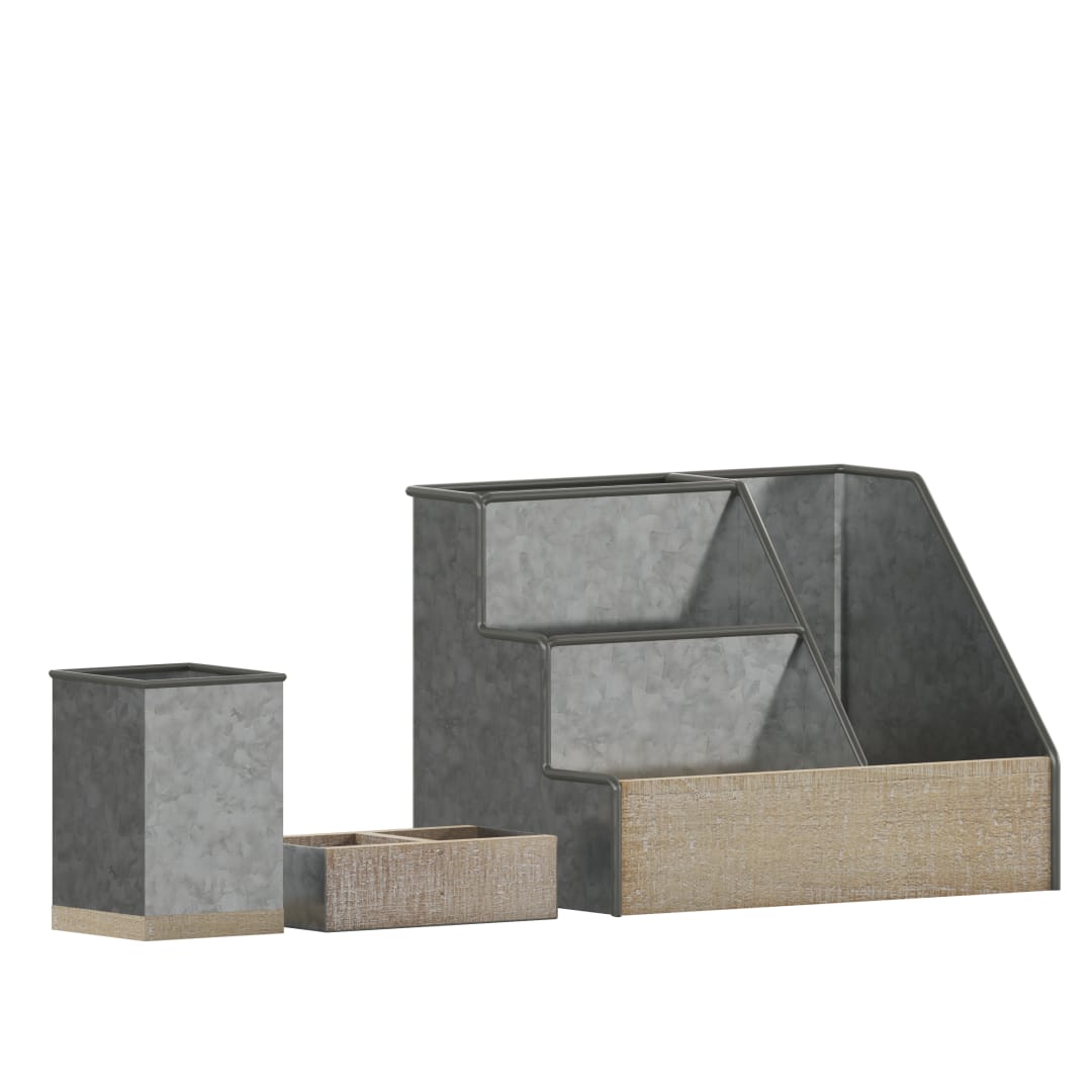 Comerford 3 Piece Galvanized Finish Metal and Rustic Wood Organizer Set For Desktop, Countertop, or Vanity