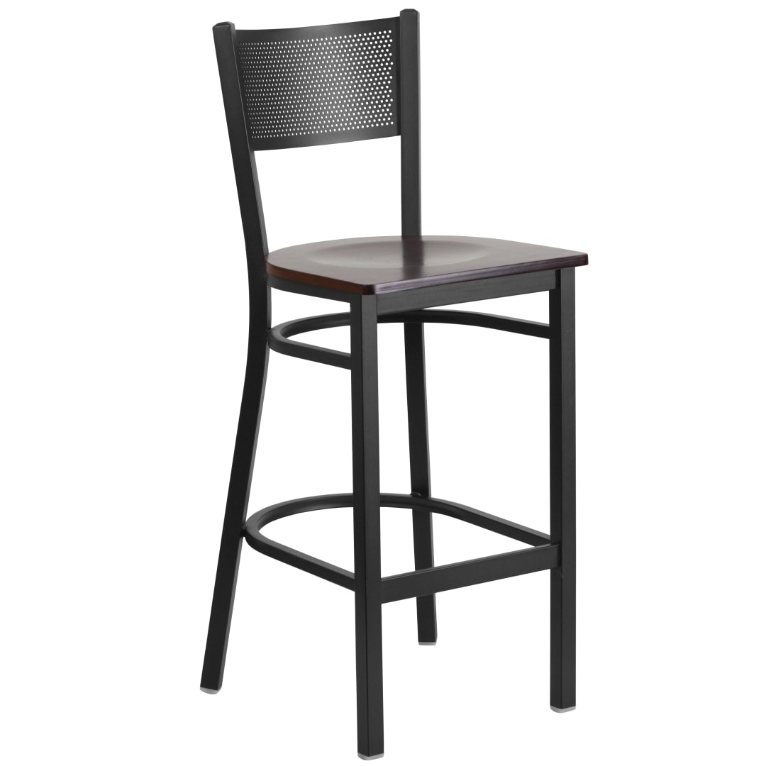 HERCULES Series Black Grid Back Metal Restaurant Barstool - Walnut Wood Seat