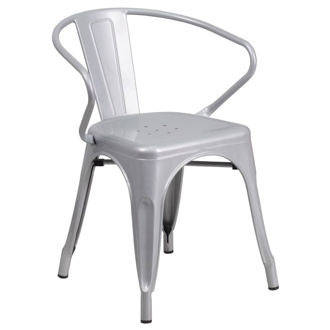 Luna Commercial Grade Silver Metal Indoor-Outdoor Chair with Arms