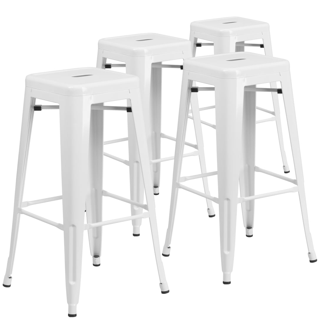 Lily 4 Pack Commercial Grade 30" High Backless White Metal Indoor-Outdoor Barstool with Square Seat