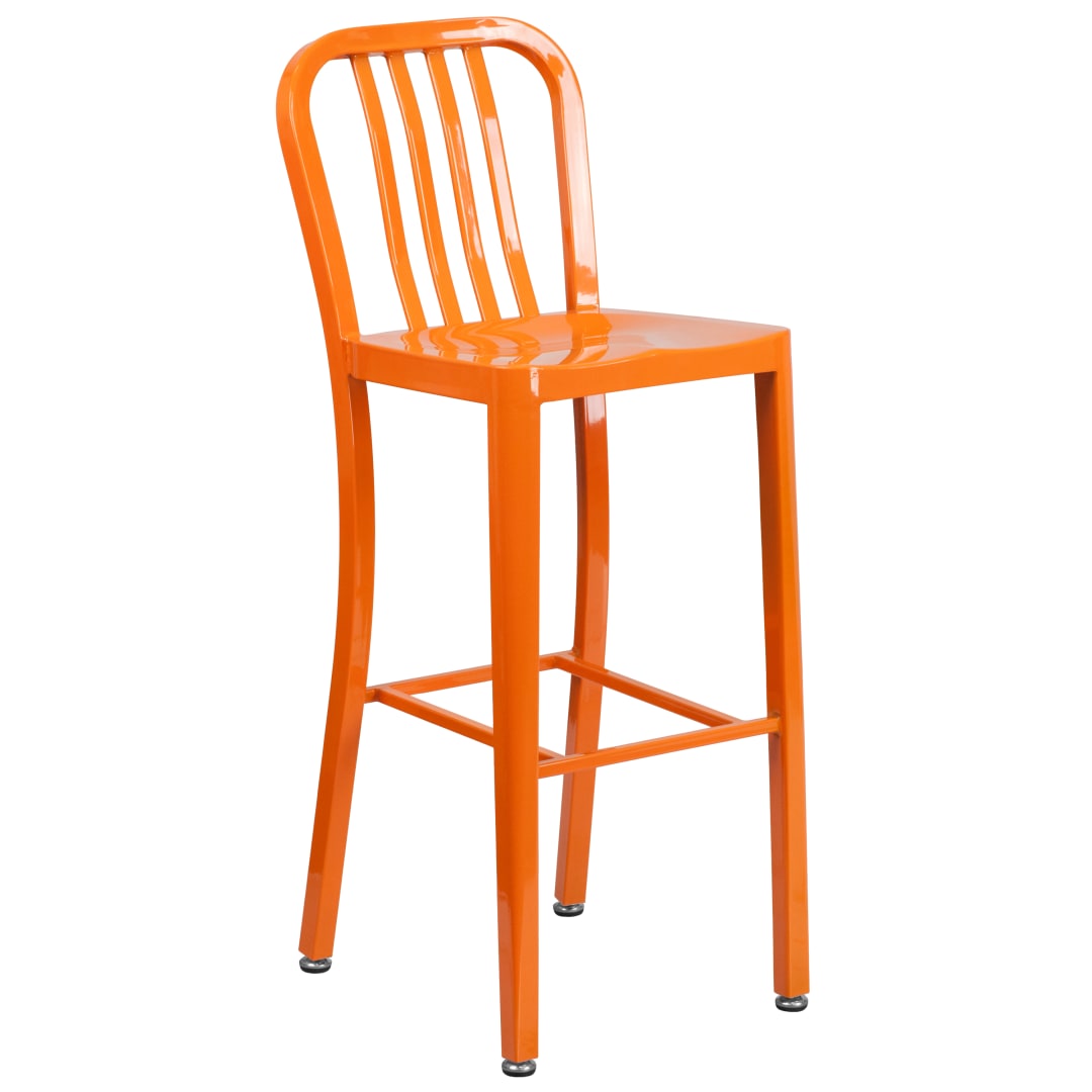 Gael Commercial Grade 30" High Orange Metal Indoor-Outdoor Barstool with Vertical Slat Back