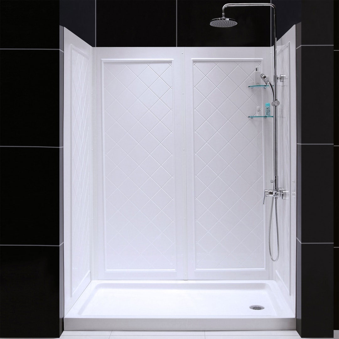 DreamLine 36 inch D x 60 inch W x 76 3/4 inch H Right Drain Shower Base and QWALL-5 Wall Kit In White