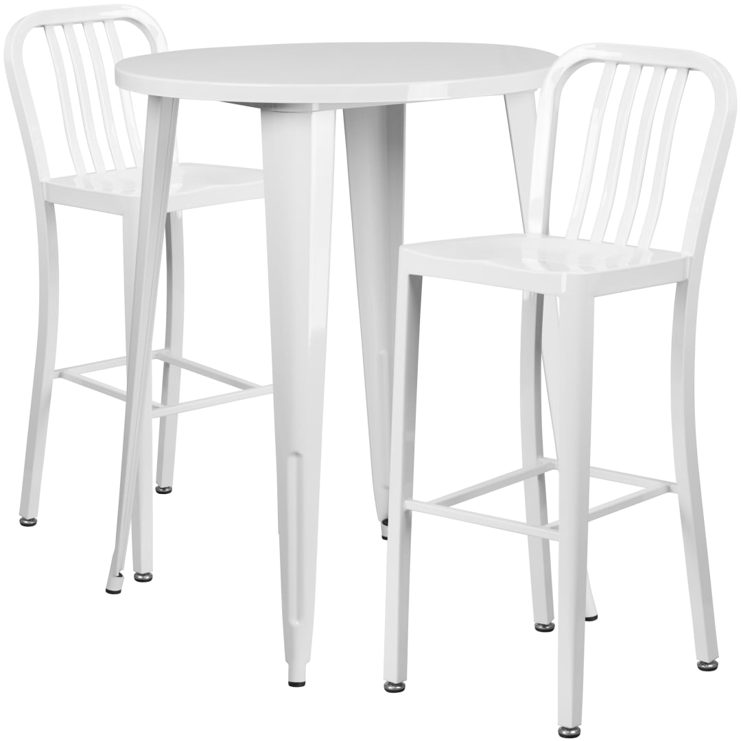 Brad Commercial Grade 30" Round White Metal Indoor-Outdoor Bar Table Set with 2 Vertical Slat Back Stools