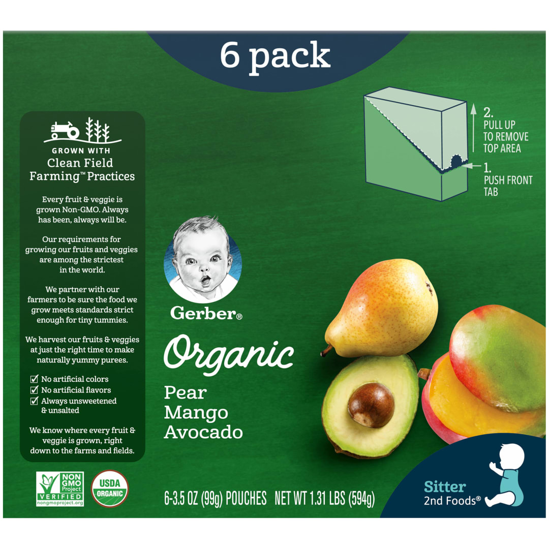 Gerber Stage 2 Baby Food, Pear Mango Avocado Puree, 3.5 oz Pouches
