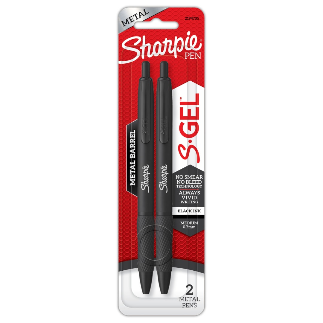 Sharpie® S-Gel, Gel Pens, Sleek Metal Barrel, Matte Black, Medium Point (0.7mm), Black Ink, 2 Count