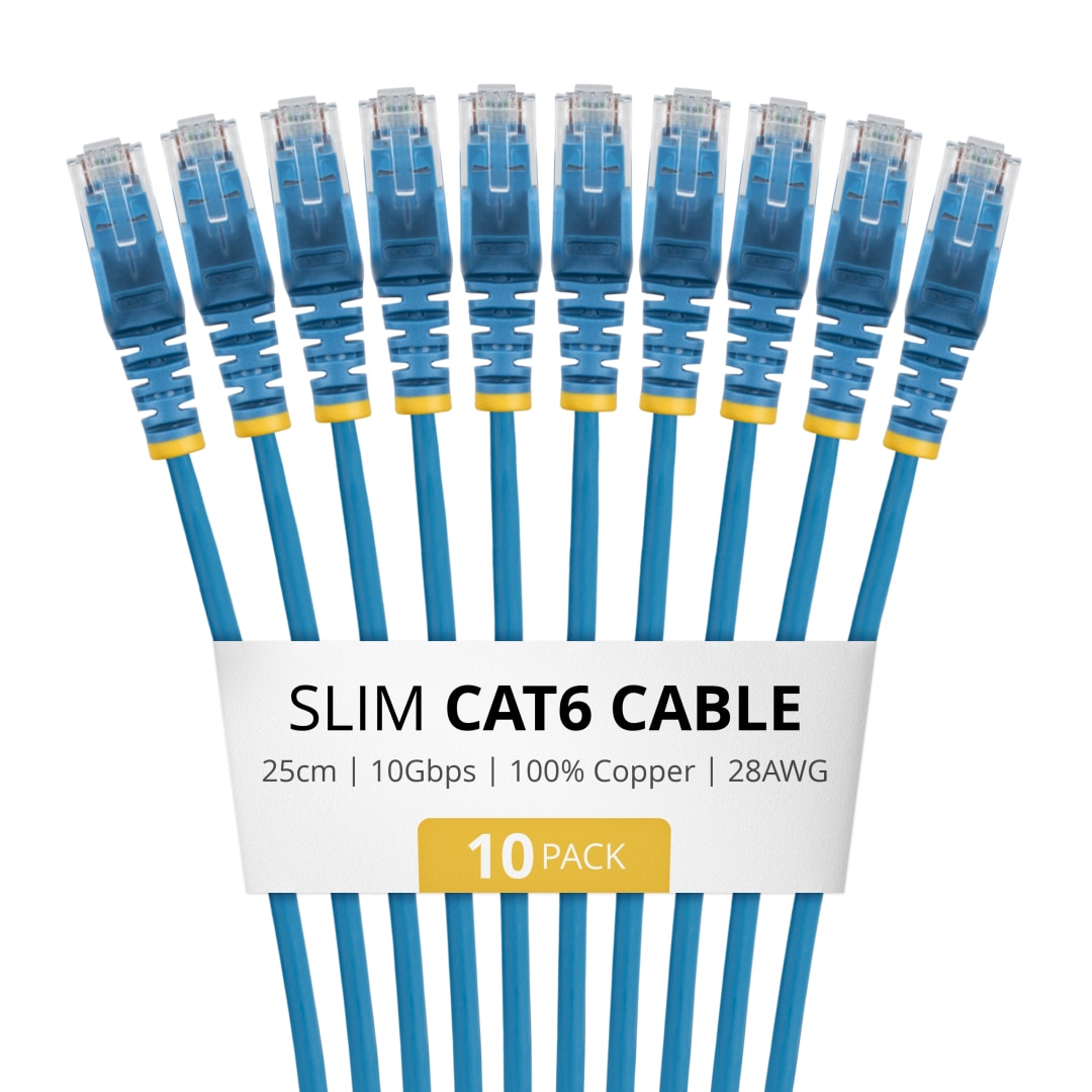 25cm CAT6 Ethernet Cable - Slim  28AWG - LSZH - Blue-10pk