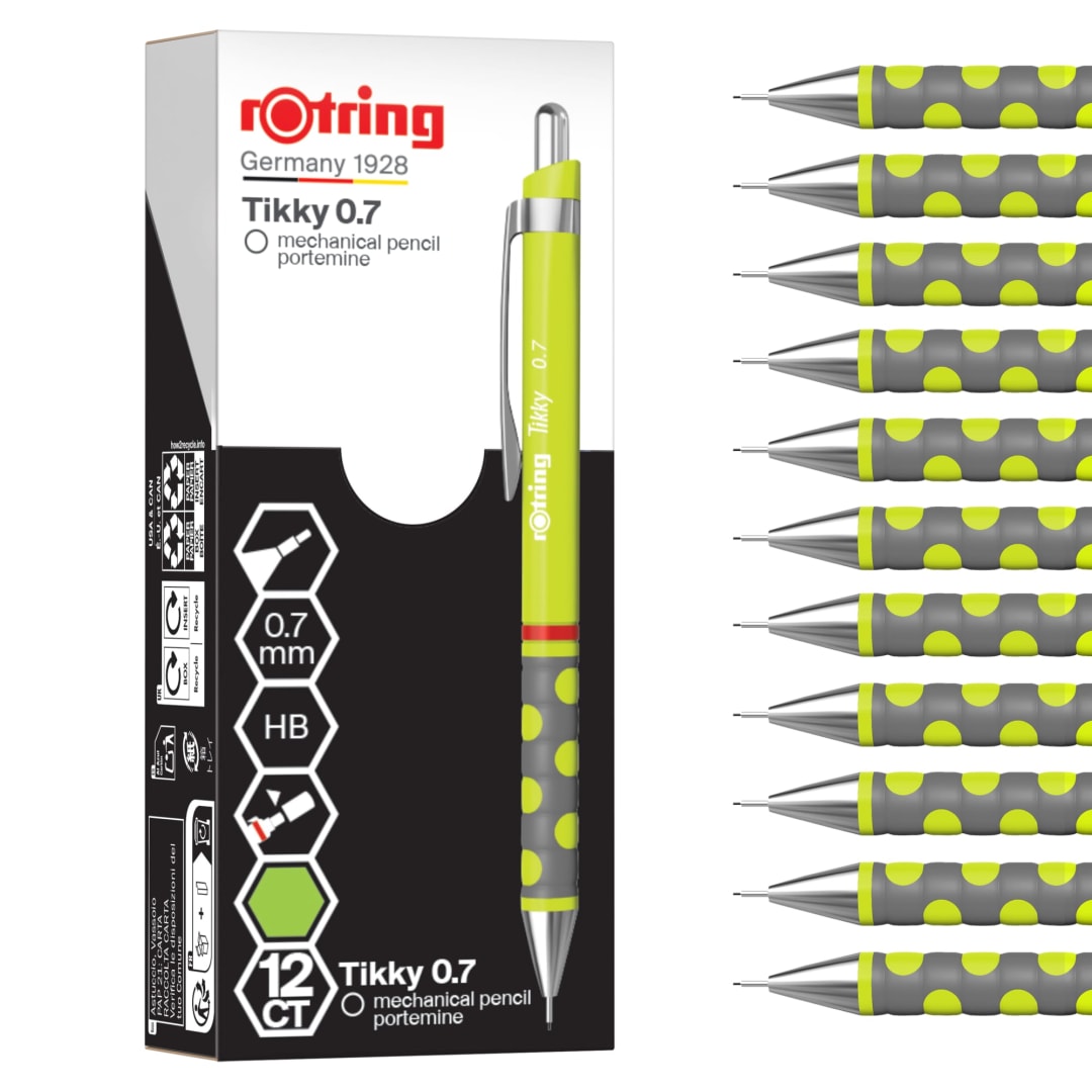 rOtring Tikky Mechanical Pencil | HB 0.7 mm | Spidermum (lime) Barrel | Lightweight with Rubberised Grip | 12 Count