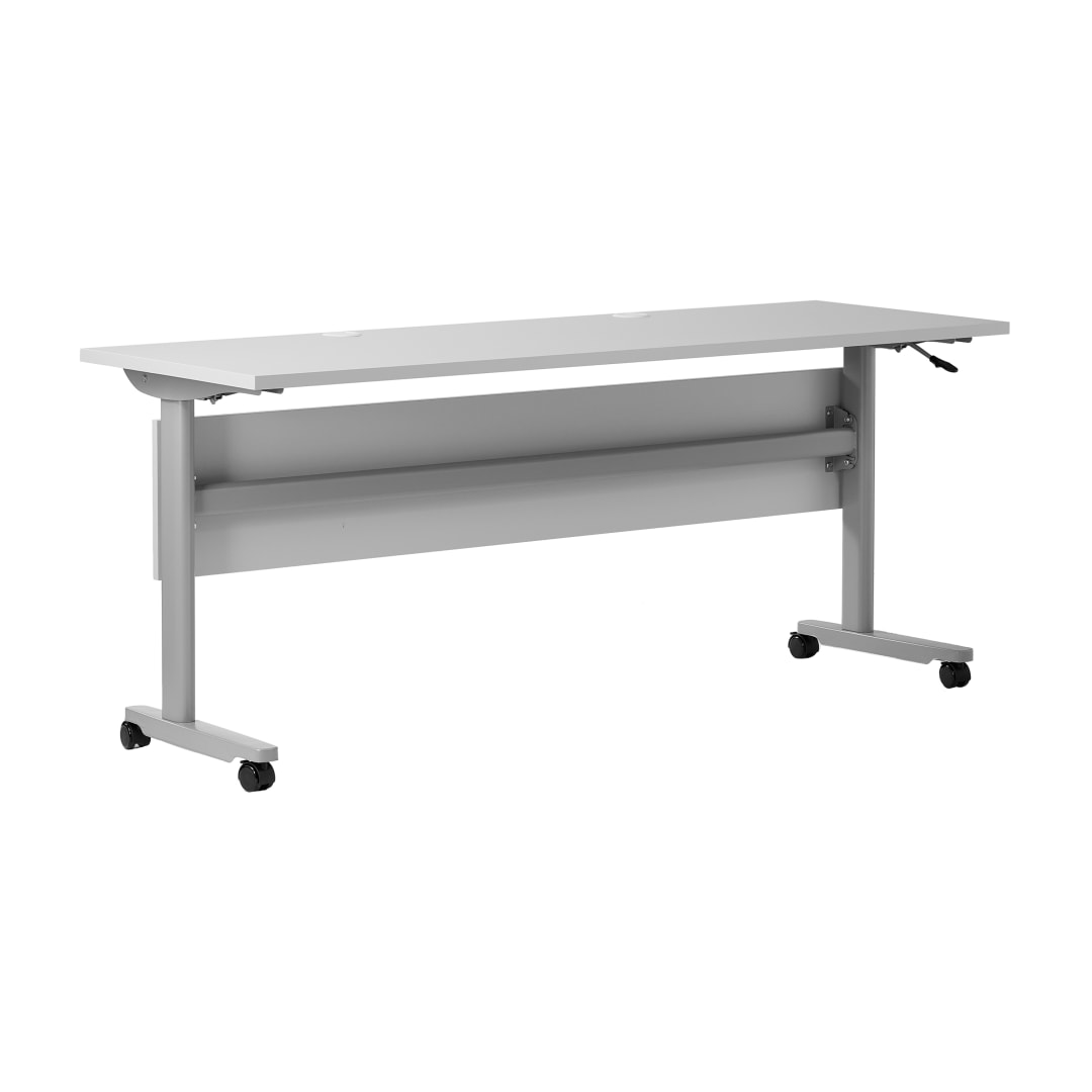Palmer Commercial Grade 72" x 24" Heavy-Duty Nesting Flip Training Table with T-Legs, Modesty Panel, 1" Thick Gray Tabletop, and Gray Steel Frame