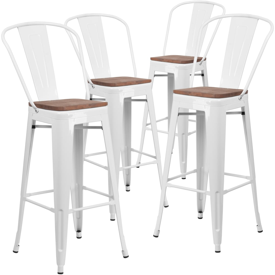 Lily 4 Pack 30" High White Metal Barstool with Back and Wood Seat