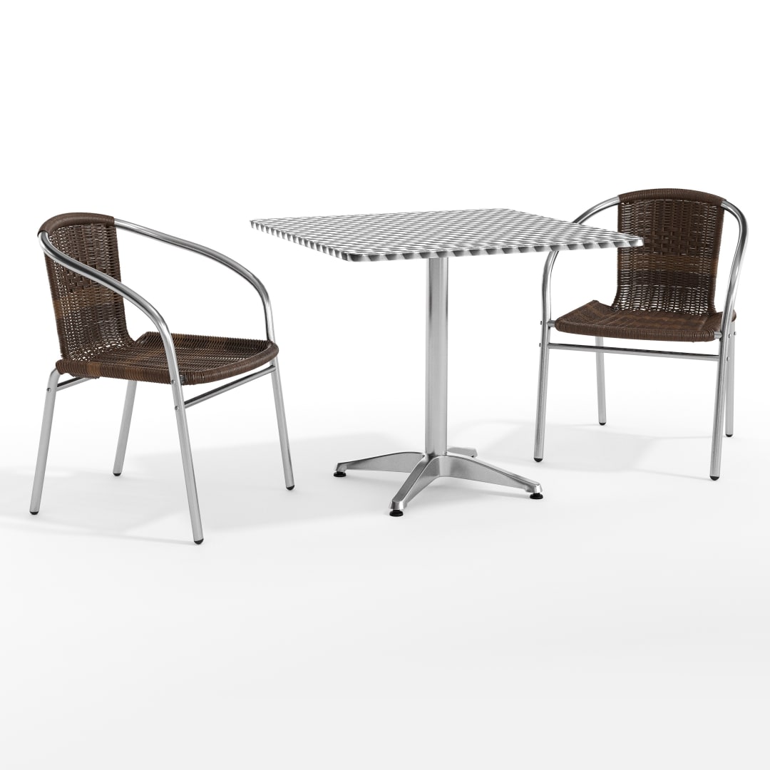 Lila 31.5'' Square Aluminum Indoor-Outdoor Table Set with 2 Dark Brown Rattan Chairs