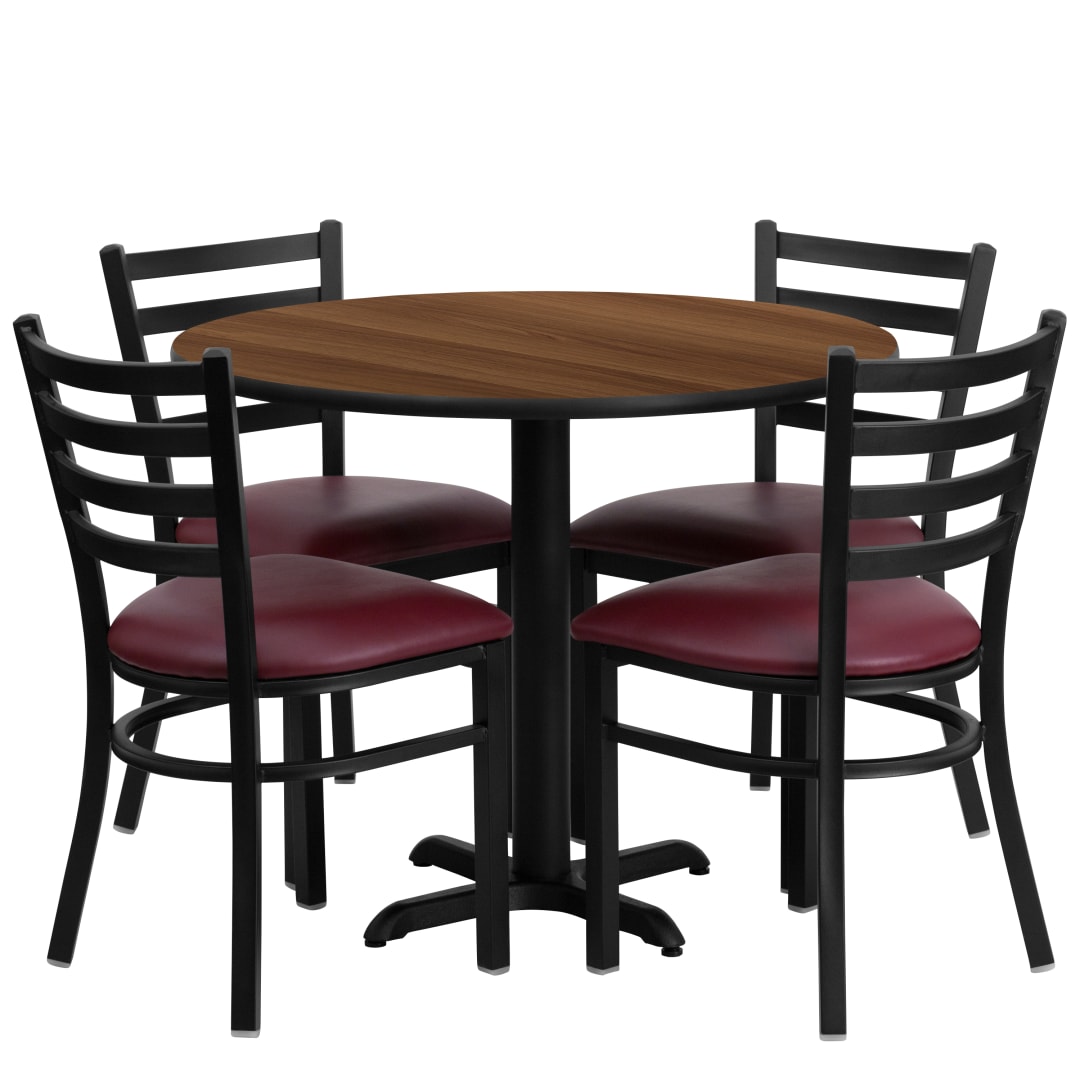 Carlton 36'' Round Walnut Laminate Table Set with X-Base and 4 Ladder Back Metal Chairs - Burgundy Vinyl Seat