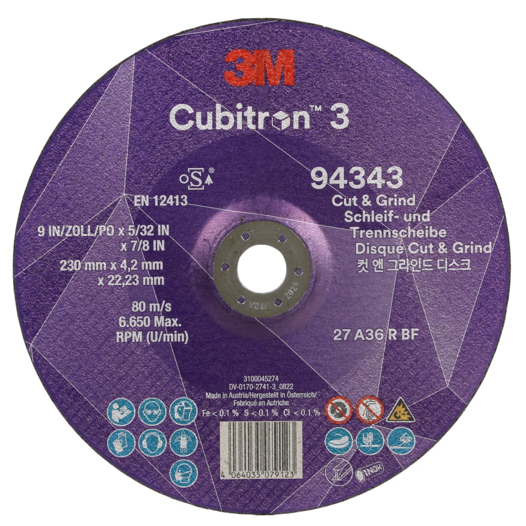 3M™ Cubitron™ 3 Kesme ve Taşlama Taşı, 94343, 36+, T27, 230 mm x 4,2 mm x 22,23 mm, EN, 10/Paket, 20 adet/Kutu