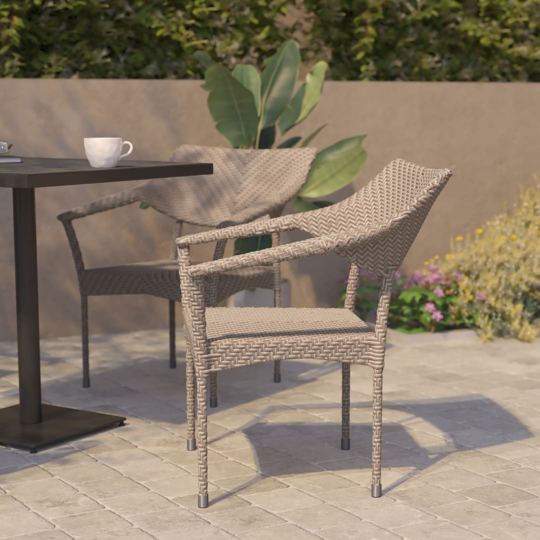 Jace Set of 2 Commercial Grade Stacking Patio Chairs, All Weather PE Rattan Wicker Patio Dining Chairs in Natural