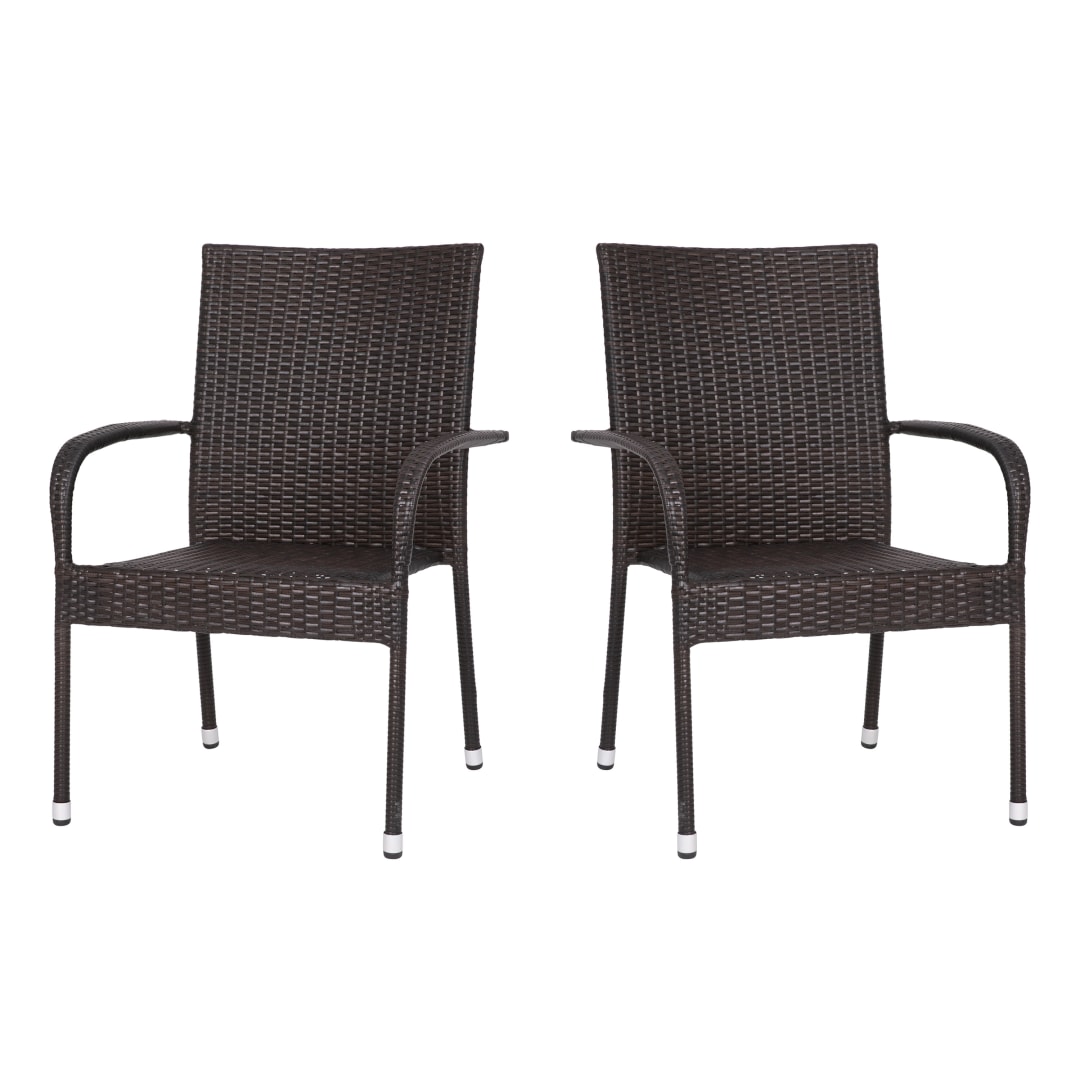 Maxim Set of 2 Stackable Indoor/Outdoor Wicker Dining Chairs with Arms - Fade & Weather-Resistant Steel Frames - Espresso