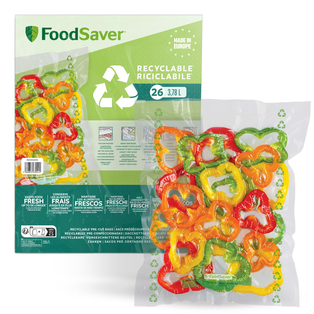 FoodSaver bolsas de envasado al vacío |Reciclables y reutilizables |Mantiene los alimentos frescos hasta 5 veces más tiempo | Sin BPA |26 bolsas para congelar y cocer a fuego lento (28cm×35 cm; 3,78l)