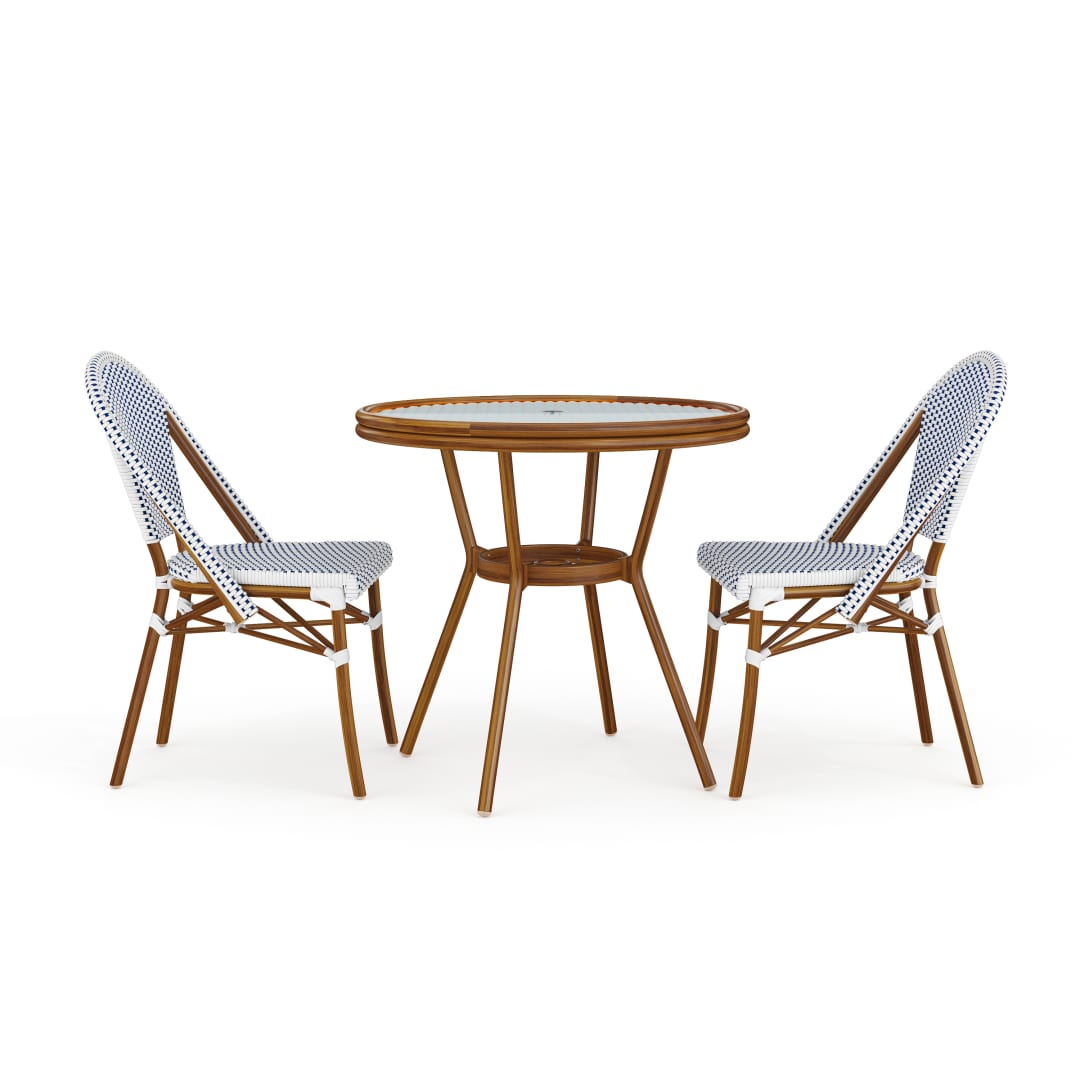 Lily Pond 31.5" Round Indoor-Outdoor Bistro Dining Table with 2 Stackable Bistro Chairs - Navy/White with Natural Woodgrain Aluminum Finish Frame