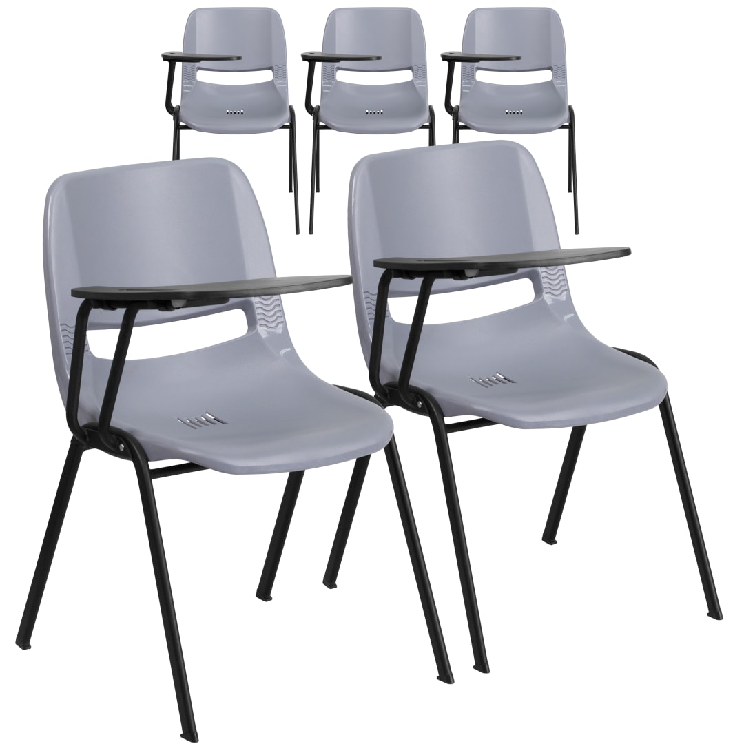 HERCULES 5 Pack Gray Ergonomic Shell Chair with Right Handed Flip-Up Tablet Arm