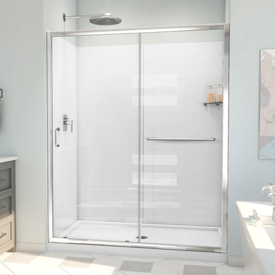 DreamLine Infinity-Z 30 inch D x 60 inch W x 78 3/4 inch H Semi-Frameless Sliding Shower Door in Chrome and Clear Glass, Center Drain Shower Base, and Wall Kit in White