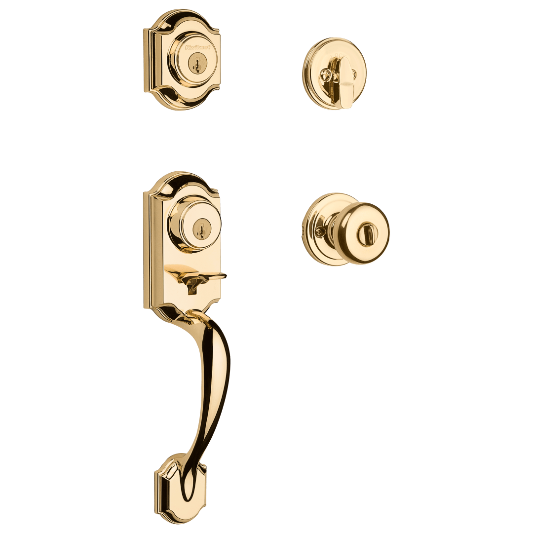 Montara Single Cylinder Handleset w/Juno Knob featuring SmartKey Security™ in Polished Brass