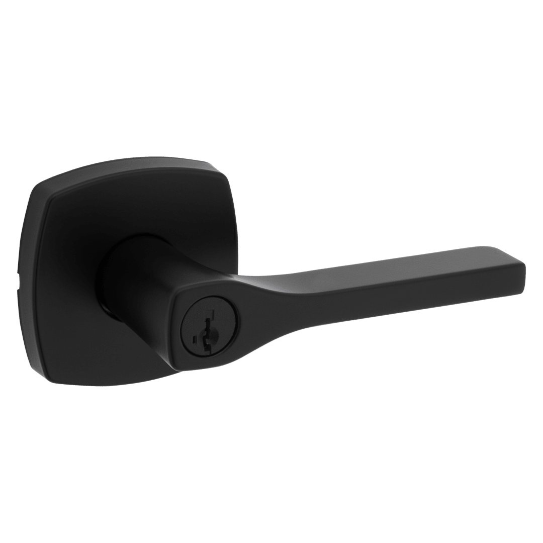 Tripoli Keyed Entry Lever with Soft Modern Rose featuring SmartKey Security™ in Matte Black