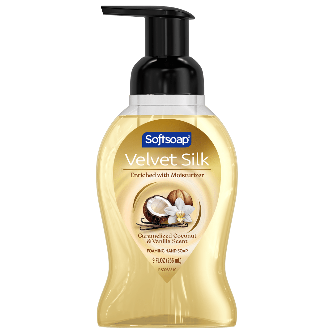 Softsoap Velvet Silk Foaming Liquid Hand Soap, Bathroom & Kitchen Hand Soap, Paraben-Free, Washes Away Bacteria, #1 Liquid Hand Soap Brand, Caramelized Coconut & Vanilla Scent, 9 fl oz Pump Bottle