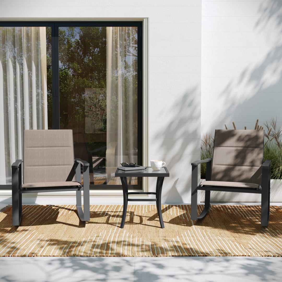 Brazos 3 Piece Outdoor Rocking Chair Bistro Set with Flex Comfort Material and Steel Framed Glass Top Table, Brown/Black