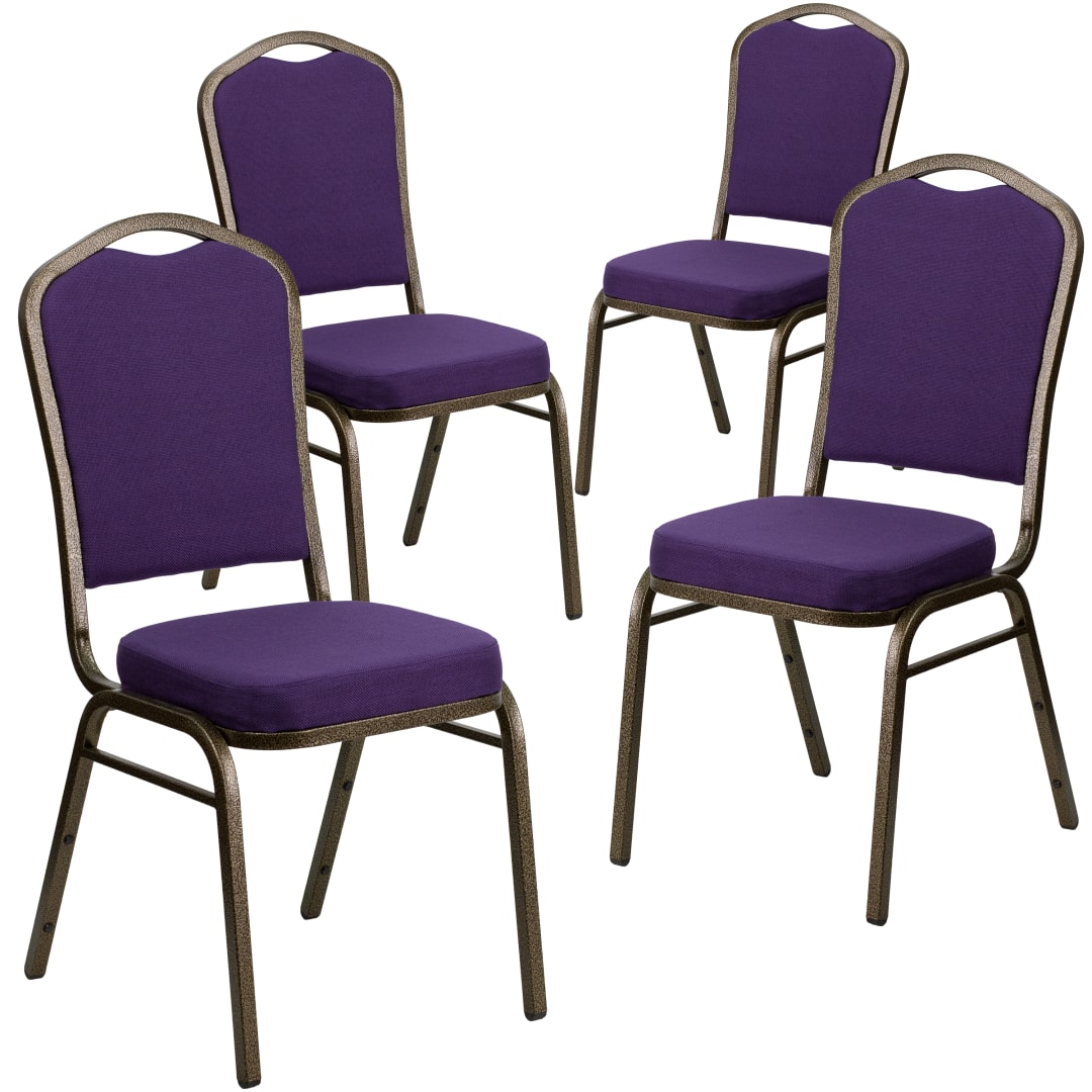 4 Pack HERCULES Series Crown Back Stacking Banquet Chair in Purple Fabric - Gold Vein Frame