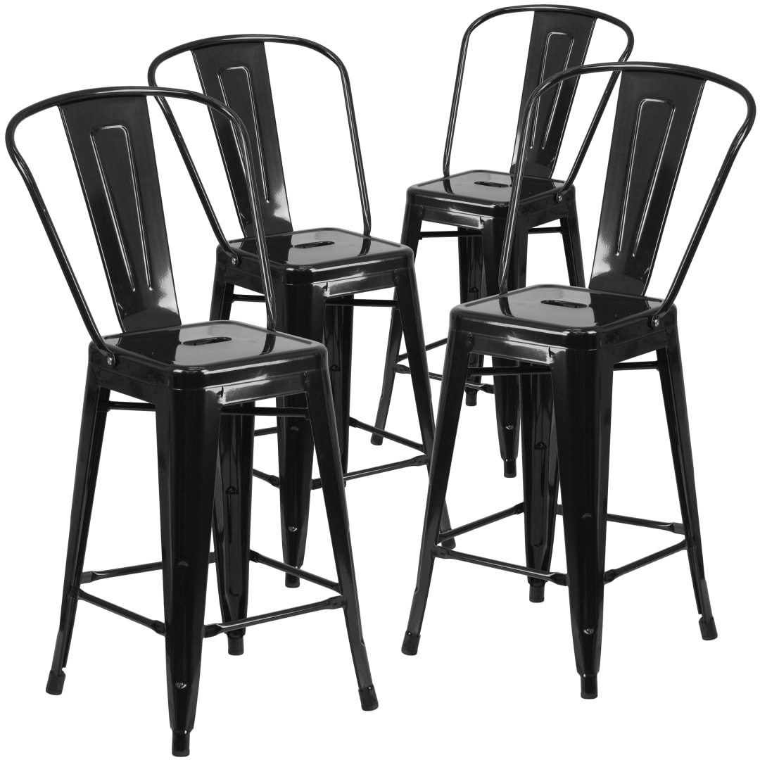 Lily Commercial Grade 4 Pack 24" High Black Metal Indoor-Outdoor Counter Height Stool with Removable Back