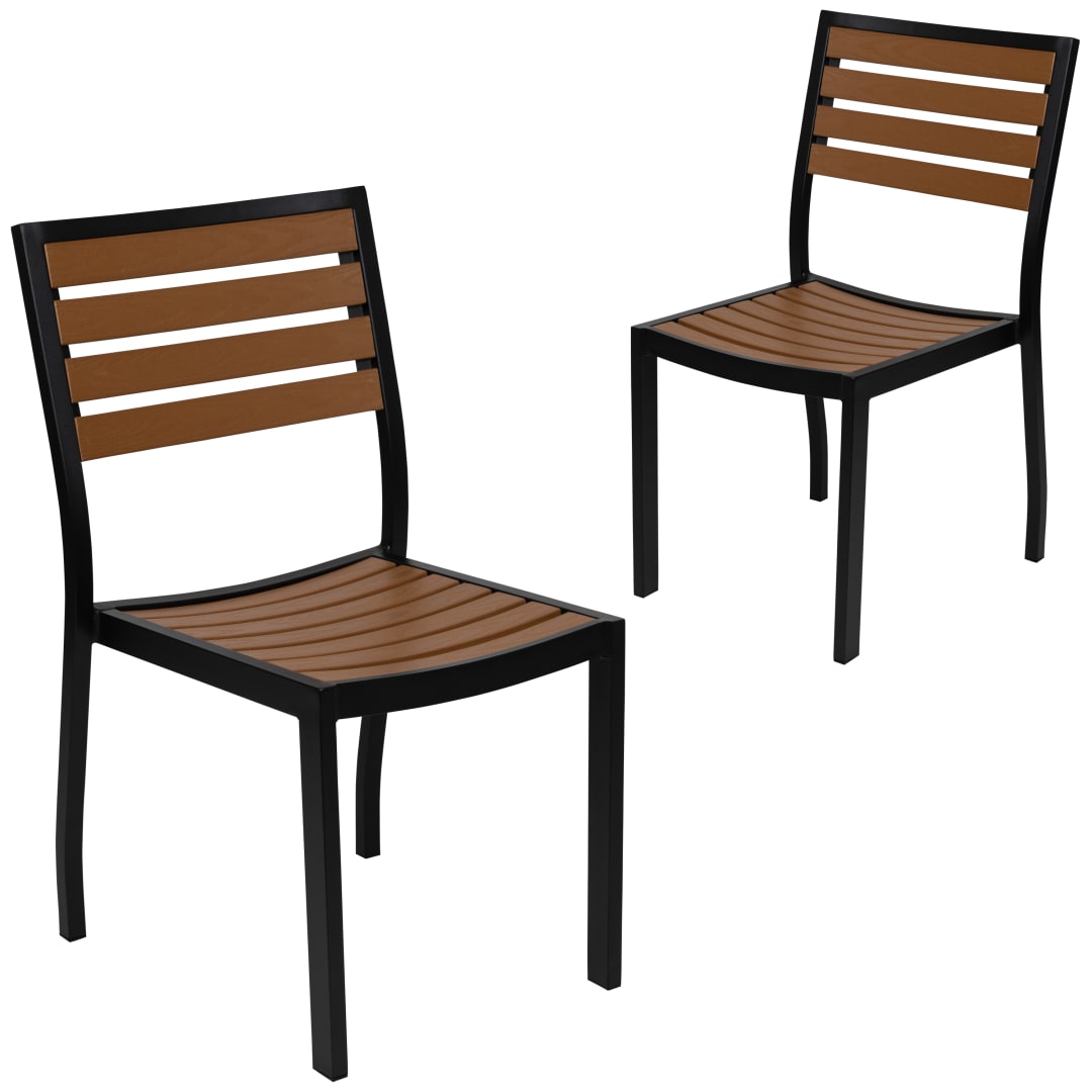 Lark Outdoor Stackable Side Chair with Faux Teak Poly Slats, Set of 2